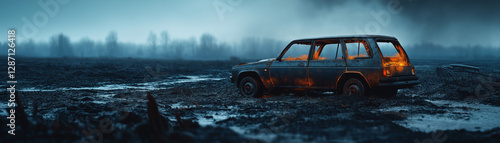 Verlassenes Auto steht einsam in verbrannter Lava-Landschaft bei Nacht

 photo