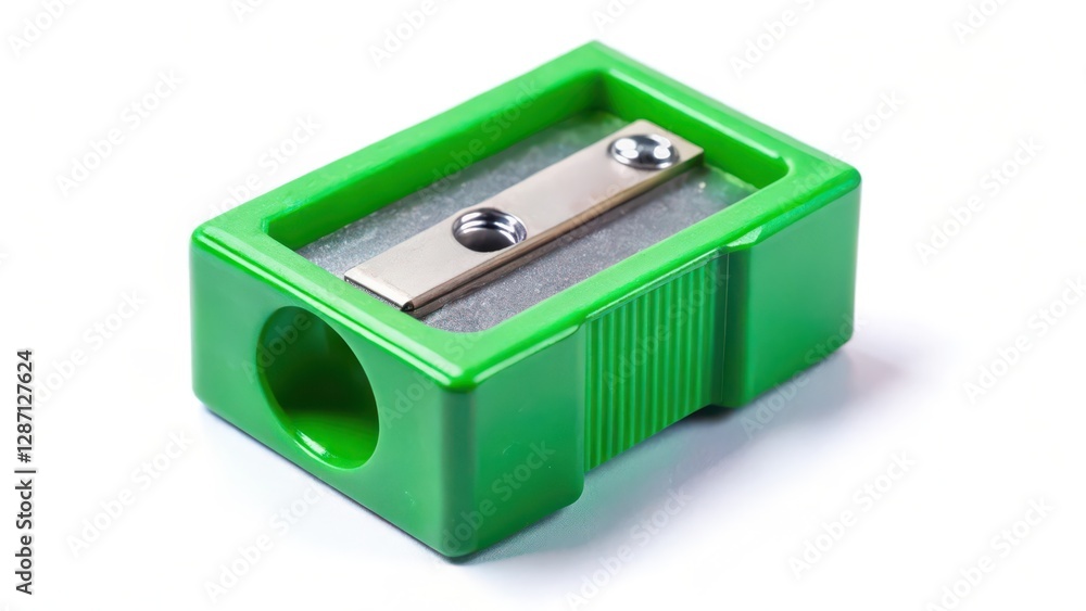 Obraz premium Green Plastic Pencil Sharpener on White Background