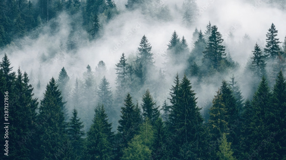 Misty Forest Landscape with Evergreen Trees and Foggy Atmosphere Misty Forest Landscape with Evergreen Trees and Foggy Atmosphere