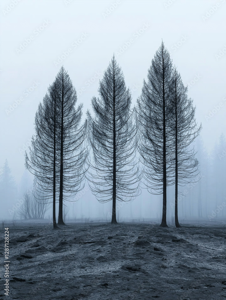 Fototapeta premium Verbranntes Waldgebiet mit Nebel und Glut im Hintergrund