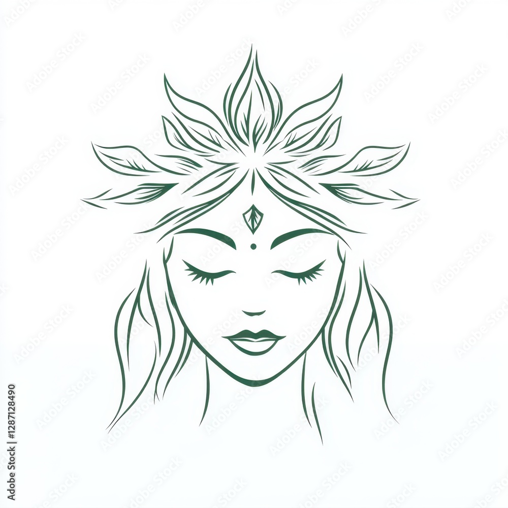 Serene goddess face with leaf crown design Serene goddess face with leaf crown design
