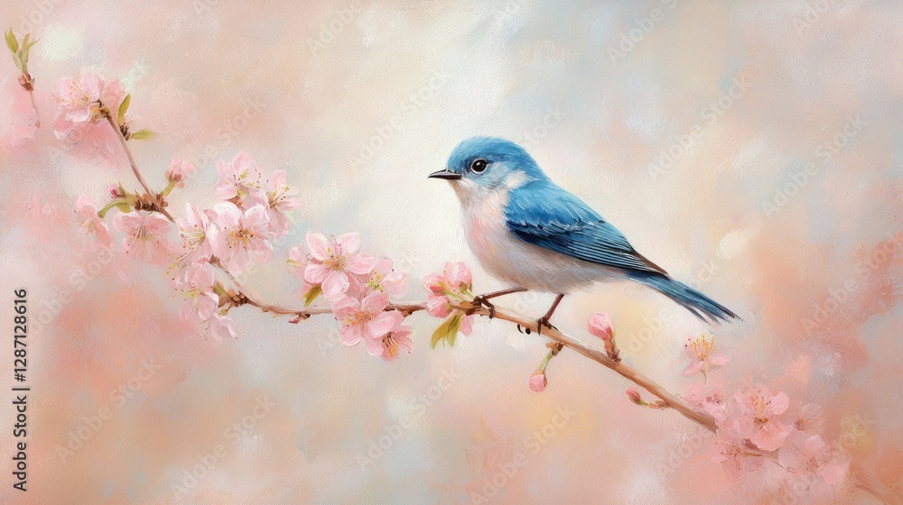 Obraz premium Blue Bird Perched on Blossom Branch with Soft Background Hues