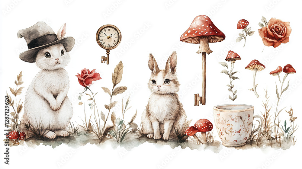Φωτογραφία Whimsical animal illustration featuring rabbits and mushrooms in a floral settin