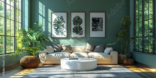 Serene Living Room with Green Walls and Tropical Plants