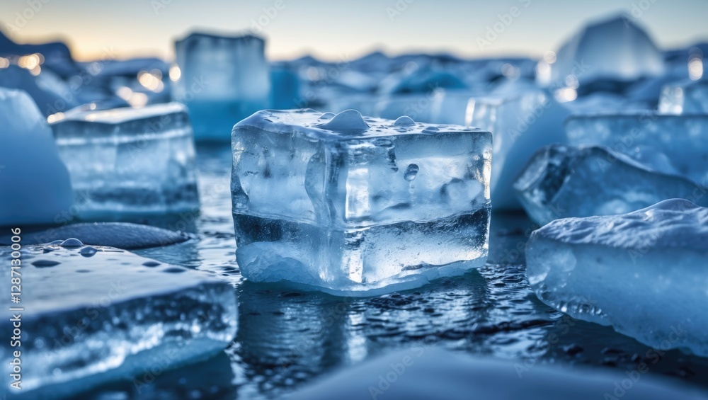 Glacier ice blocks on a reflective surface with shallow depth showcasing intricate textures and cool blue tones in a serene natural setting Glacier ice blocks on a reflective surface with shallow depth showcasing intricate textures and cool blue tones in a serene natural setting