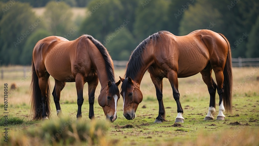 Horses Bonding in Serenity While Grazing on Green Pasture Surrounded by Lush Nature in a Peaceful Outdoor Setting Horses Bonding in Serenity While Grazing on Green Pasture Surrounded by Lush Nature in a Peaceful Outdoor Setting