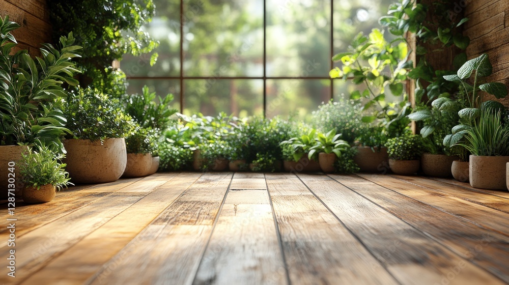 Serene Indoor Garden: Sunlight Through Window, Plants in Pots on Wooden Floor Serene Indoor Garden: Sunlight Through Window, Plants in Pots on Wooden Floor