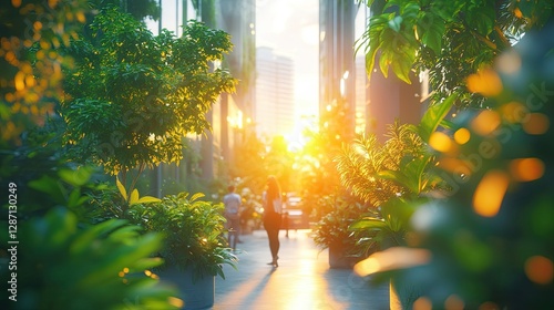 City center avenue with sunlight shining through green foliage