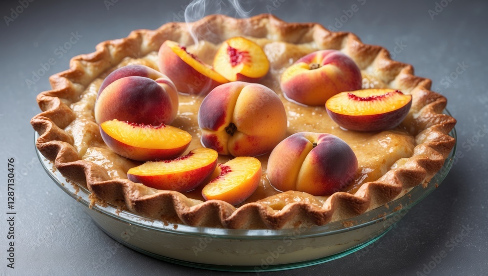 Fresh Homemade Peach Pie with Juicy Slices and Steaming Crust on Gray Surface Decorated with Whole Peaches Fresh Homemade Peach Pie with Juicy Slices and Steaming Crust on Gray Surface Decorated with Whole Peaches