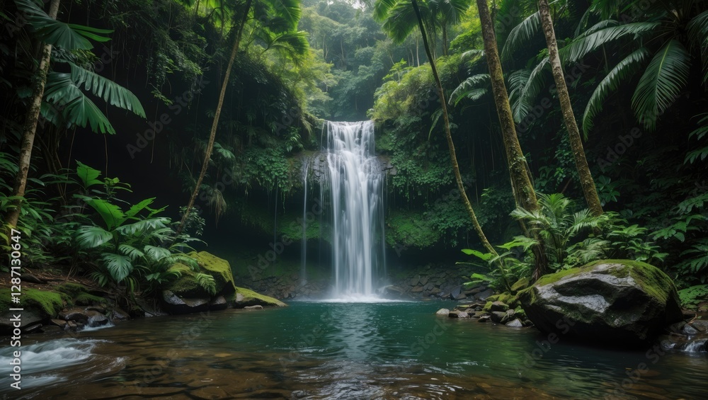 Naklejka premium Serene Hidden Waterfall Surrounded by Lush Greenery in a Tropical Rainforest Setting