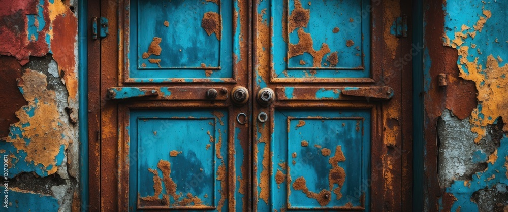 Rusty blue iron garage door with peeling paint showcasing vintage texture and weathered details for industrial aesthetic design. Rusty blue iron garage door with peeling paint showcasing vintage texture and weathered details for industrial aesthetic design.