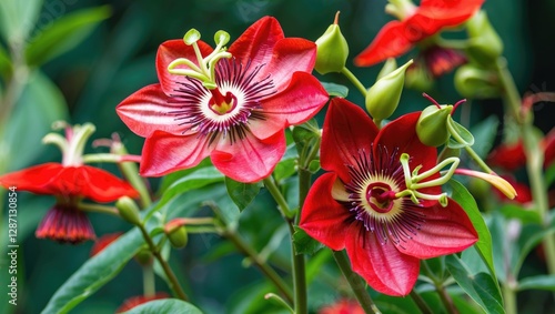 Bright red Passiflora vitifolia flowers bloom vibrantly against a lush green background showcasing nature's beauty and richness. photo