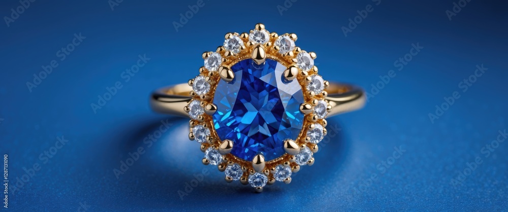 Elegant gold ring featuring a vibrant blue gemstone surrounded by sparkling diamonds on a smooth blue background. Elegant gold ring featuring a vibrant blue gemstone surrounded by sparkling diamonds on a smooth blue background.