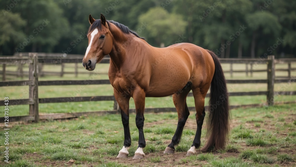 Brown Horse Standing Gracefully in Green Pasture with Wooden Fence in Background on a Calm Summer Day Brown Horse Standing Gracefully in Green Pasture with Wooden Fence in Background on a Calm Summer Day