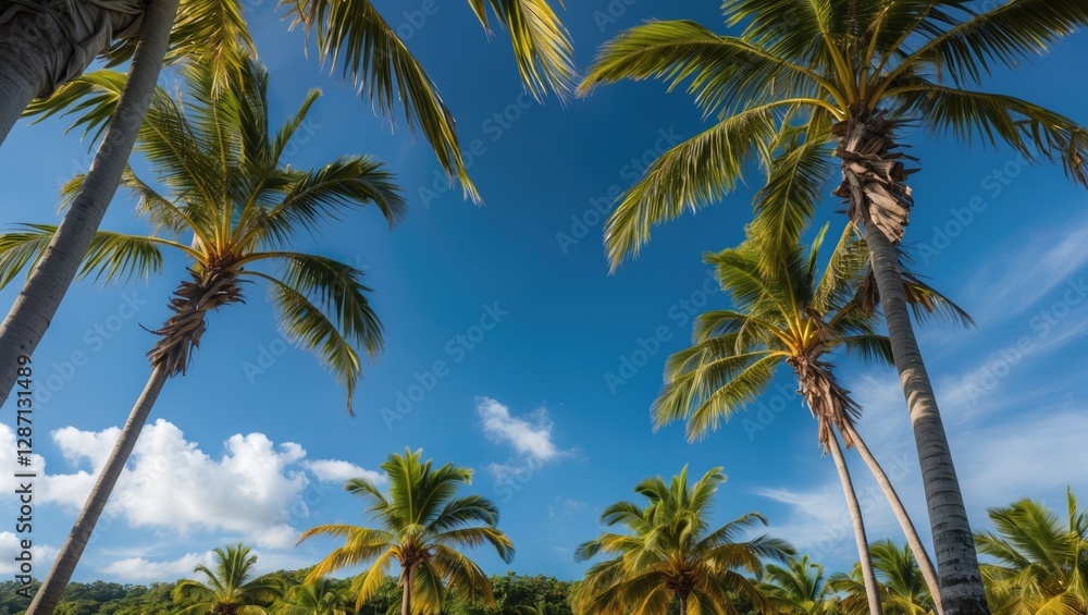Bottle Palm Trees Under Clear Blue Sky with Green Foliage and Empty Space for Text Ideal for Tropical and Nature Themes Bottle Palm Trees Under Clear Blue Sky with Green Foliage and Empty Space for Text Ideal for Tropical and Nature Themes