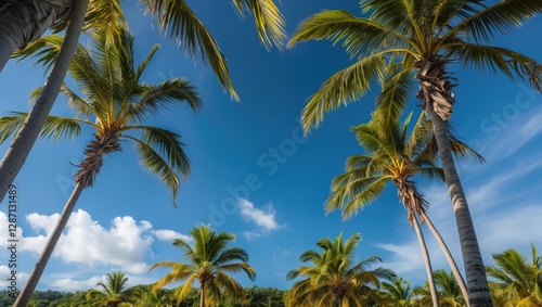 Wallpaper Mural Bottle Palm Trees Under Clear Blue Sky with Green Foliage and Empty Space for Text Ideal for Tropical and Nature Themes Torontodigital.ca