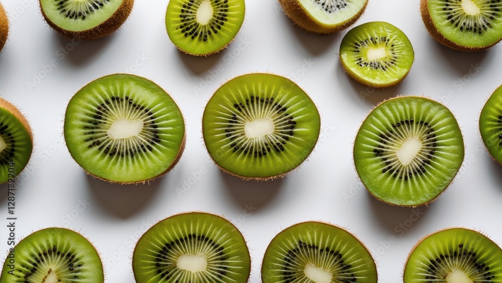 Fototapeta premium Sliced Kiwi Fruit Arranged on White Background Fresh Healthy Snack Concept