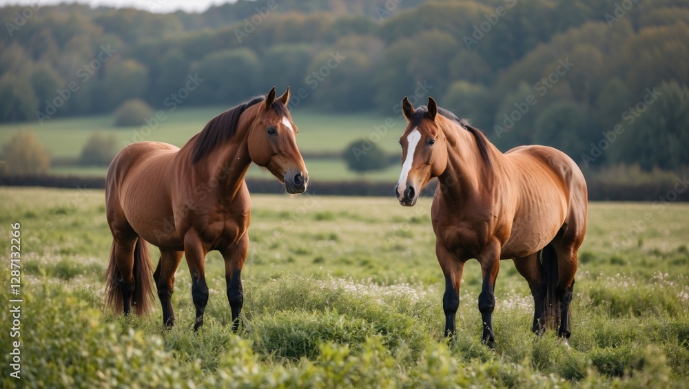 Two beautiful brown horses standing together in a lush green field surrounded by trees under a clear sky during a sunny day. Two beautiful brown horses standing together in a lush green field surrounded by trees under a clear sky during a sunny day.