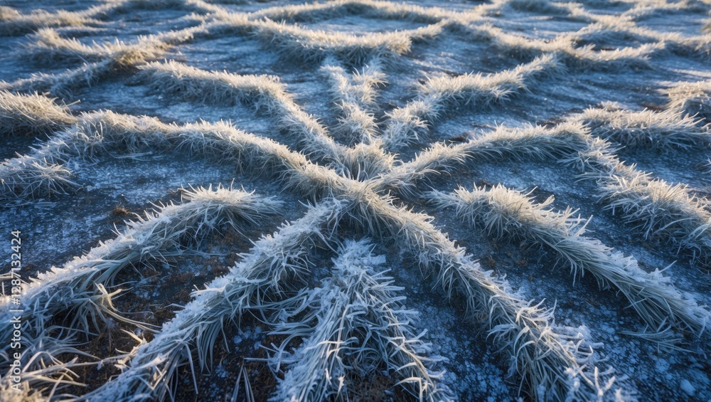 Intricate kaleidoscopic patterns created by frozen grass and ground showcasing winter's natural artistry and textures in a serene landscape. Intricate kaleidoscopic patterns created by frozen grass and ground showcasing winter's natural artistry and textures in a serene landscape.