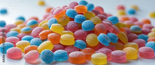 Colorful YUPI candy pile on white background showcasing popular Indonesian confectionery delights in vibrant hues.