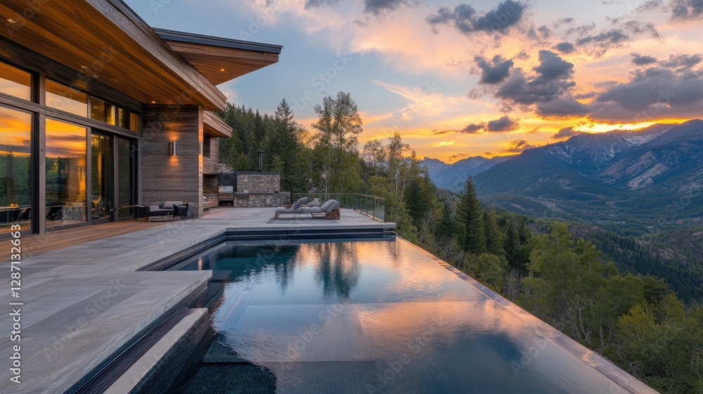 Fototapeta premium Mountaintop Infinity Pool at Sunset: Luxury Home Design
