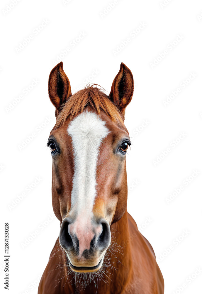 Obraz premium Majestic Brown Horse with White Blaze on Forehead Showcasing Elegance and Strength in Equestrian Beauty, Isolated on Transparent and White Background