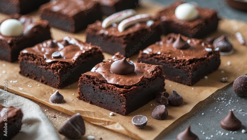 Decadent Homemade Chocolate Brownies Decorated with Toppings on a Rustic Table Surface Decadent Homemade Chocolate Brownies Decorated with Toppings on a Rustic Table Surface