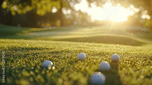 Golf Balls Resting On Dewy Green Golf Course At Sunset