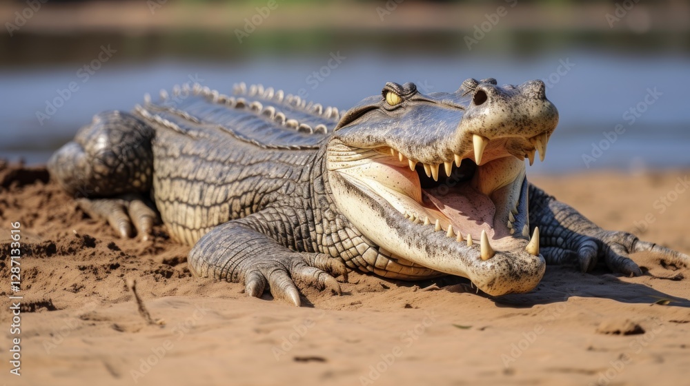Fototapeta premium Caiman basking on the sandy riverbank with its mouth wide open