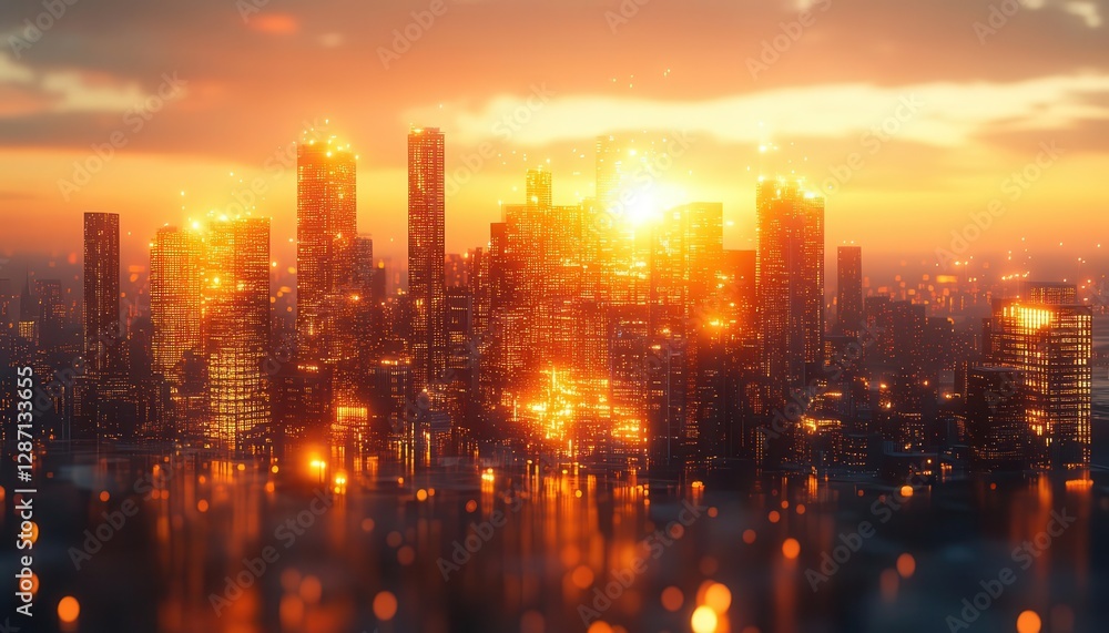 Fototapeta premium City skyline at sunset with glowing AR building data, vibrant urban backdrop, soft golden light, photorealistic