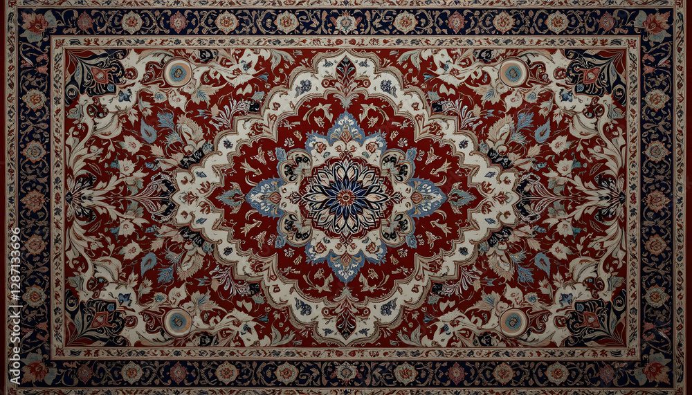 Persian carpet, Detailed antique carpet with intricate floral motifs and elegant red, blue, and cream colors Persian carpet, Detailed antique carpet with intricate floral motifs and elegant red, blue, and cream colors