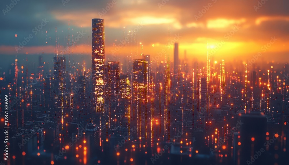 Fototapeta premium City skyline at sunset with glowing AR building data, vibrant urban backdrop, soft golden light, photorealistic