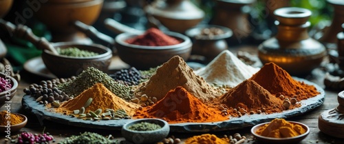 Fototapeta Naklejka Na Ścianę i Meble -  Colorful Indonesian spices arranged artistically as essential ingredients for culinary dishes and traditional medicine on a wooden table.