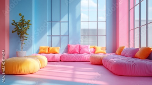 Pastel Pink and Blue Room Interior Design with Plush Seating photo