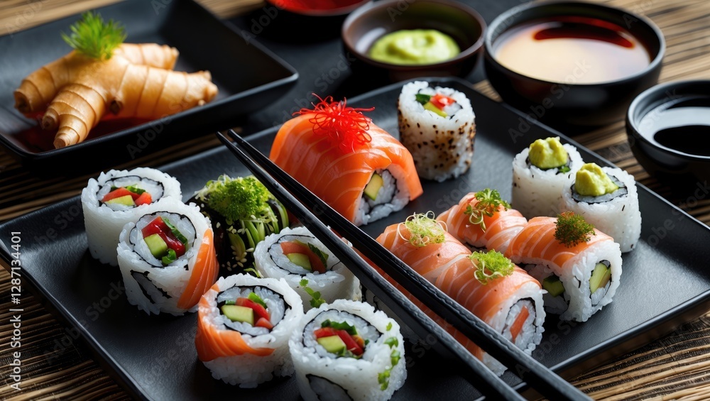 Assorted sushi rolls with black chopsticks, red pickled ginger, wasabi sauce, and soy sauce on a stylish table setting.