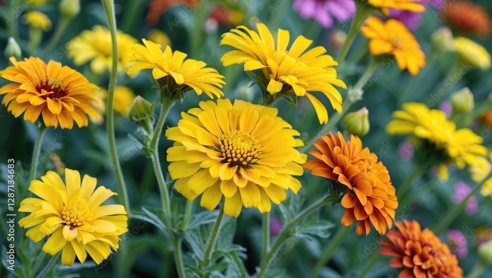 Vibrant yellow and orange zinnia flowers in a garden setting showcasing the beauty of Zinnia elegans in full bloom.