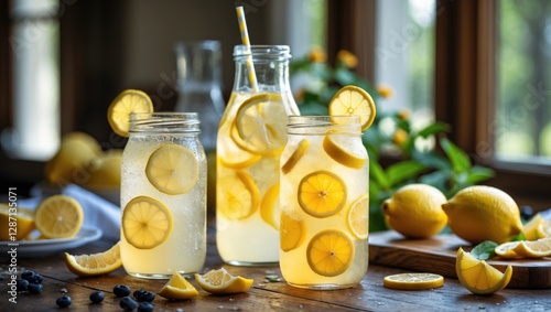 Refreshing Homemade Lemonade with Fresh Lemons and Berries on a Rustic Table in a Sunlit Kitchen Setting