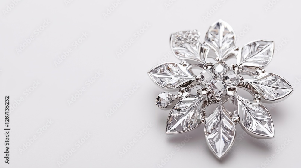 Naklejka premium Elegant Silver Flower Brooch with Crystal Accents on White Background
