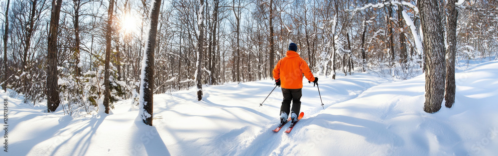 Dynamic skier in orange jacket navigating through snowy forest trails, enjoying winter landscape Dynamic skier in orange jacket navigating through snowy forest trails, enjoying winter landscape