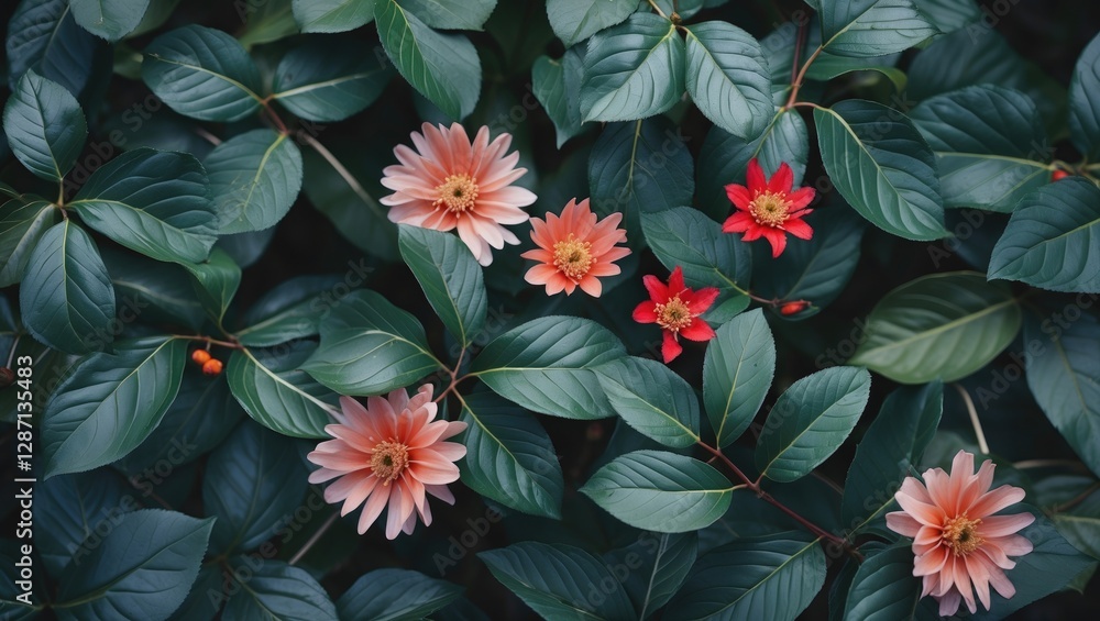 Naklejka premium Vibrant mix of pink and red flowers amidst lush green leaves creating a fresh and natural garden atmosphere.