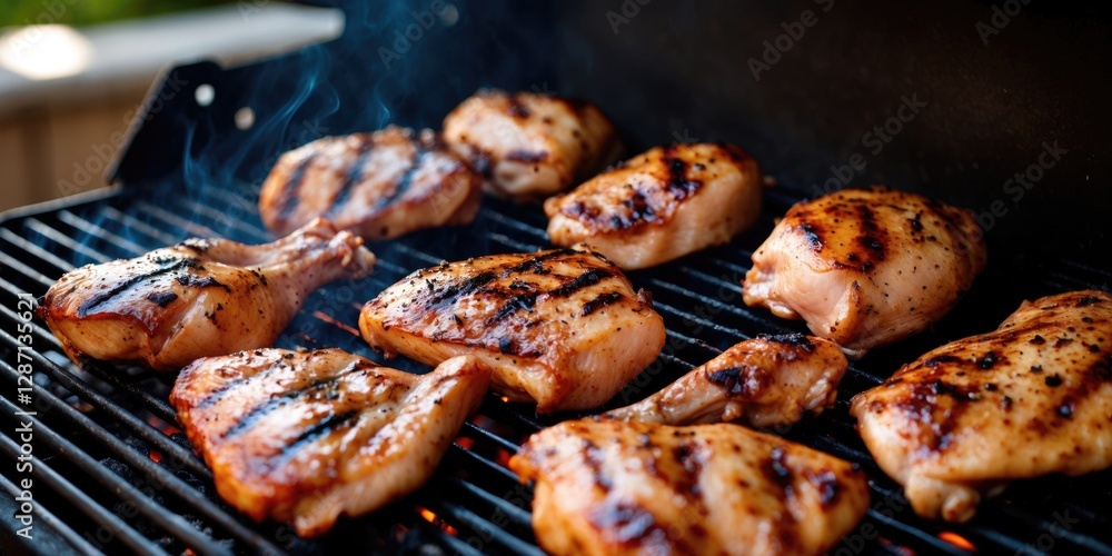 Grilled Chicken Thighs and Breasts on BBQ Grill with Smoke and Empty Space for Text in Culinary Advertising and Cooking Themes Grilled Chicken Thighs and Breasts on BBQ Grill with Smoke and Empty Space for Text in Culinary Advertising and Cooking Themes