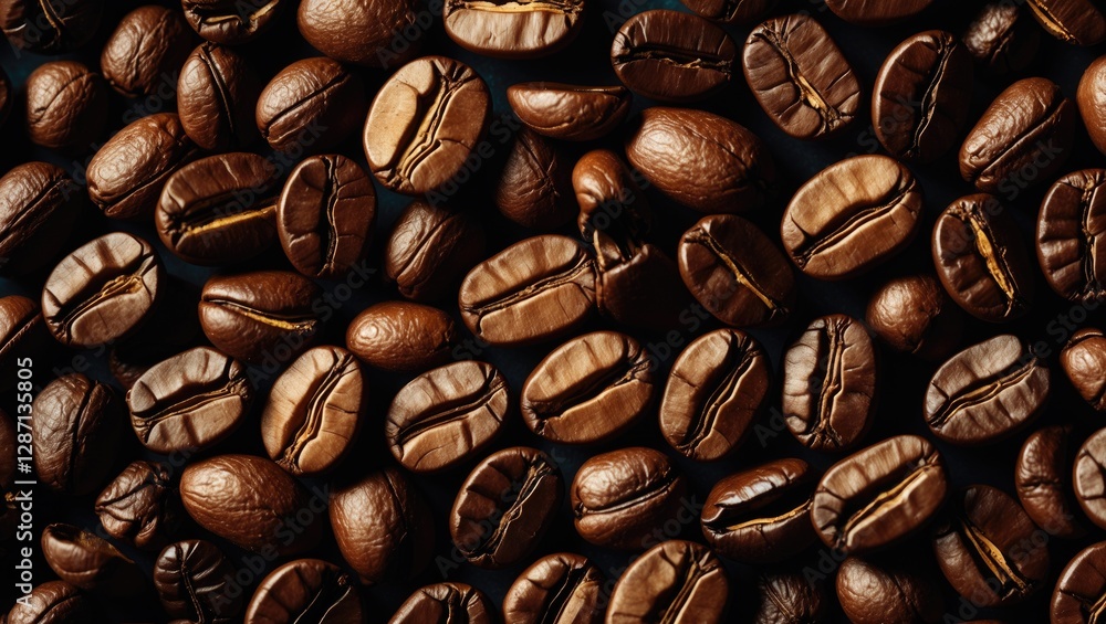 Fototapeta premium Close up of a rich assortment of freshly roasted coffee beans showcasing their glossy texture and deep brown color on a dark background