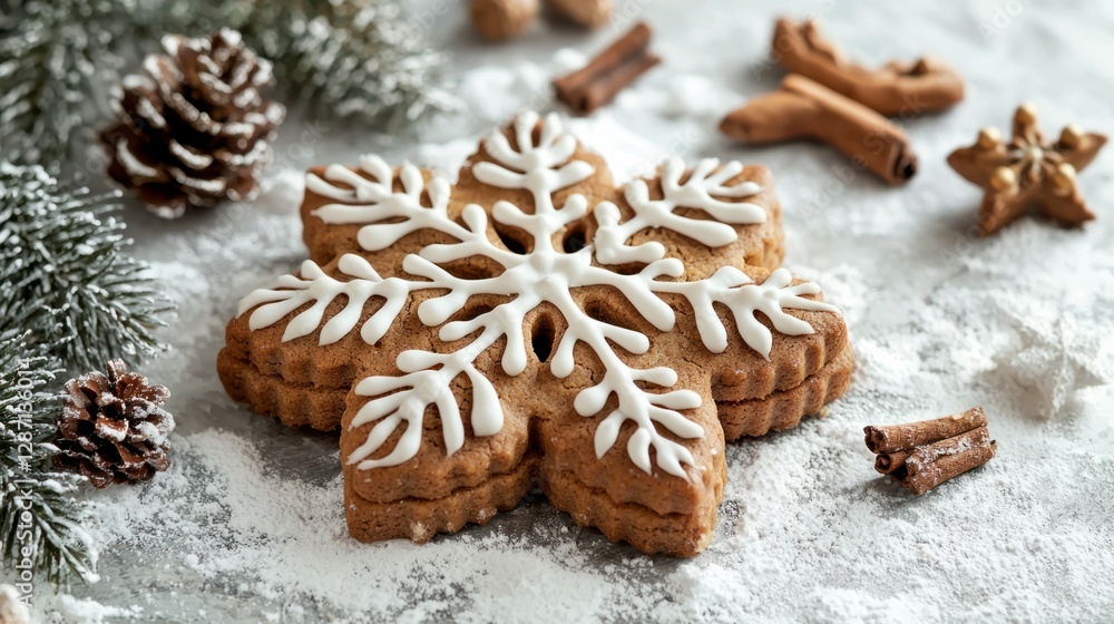 Festive Snowflake Cookie With Icing Surrounded By Holiday Décor Festive Snowflake Cookie With Icing Surrounded By Holiday Décor