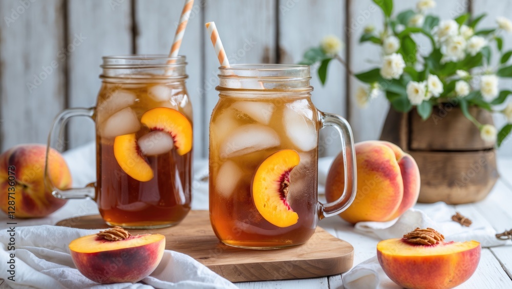 Refreshing Homemade Peach Iced Tea with Fresh Peaches Served in Mason Jars on a Rustic Table Decorated with Flowers and Fruits Refreshing Homemade Peach Iced Tea with Fresh Peaches Served in Mason Jars on a Rustic Table Decorated with Flowers and Fruits