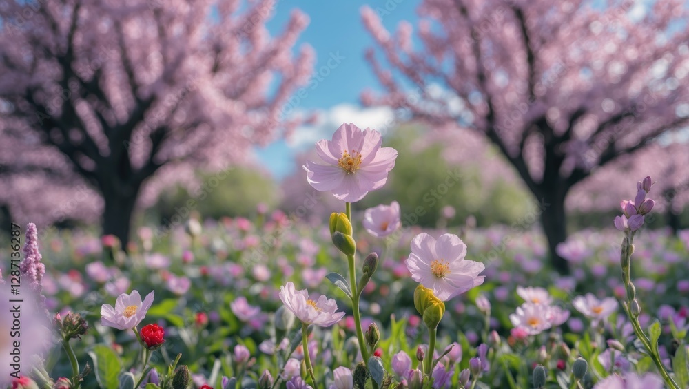 Vibrant Blooming Flower Field Under Pink Trees With Clear Sky Ideal for Nature and Springtime Backgrounds Vibrant Blooming Flower Field Under Pink Trees With Clear Sky Ideal for Nature and Springtime Backgrounds