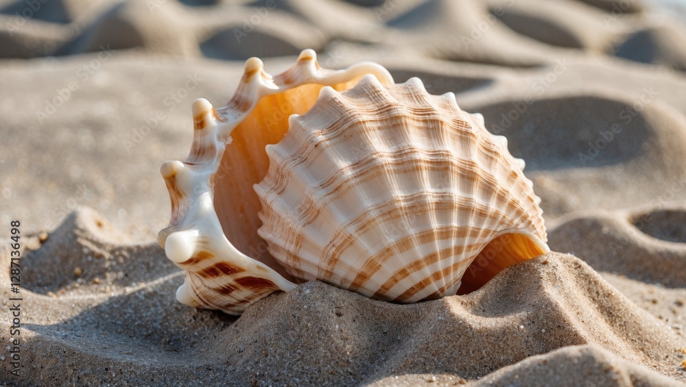 Detailed close-up of a large beige sea shell nestled in sandy beach terrain showcasing natural textures and coastal beauty. Detailed close-up of a large beige sea shell nestled in sandy beach terrain showcasing natural textures and coastal beauty.