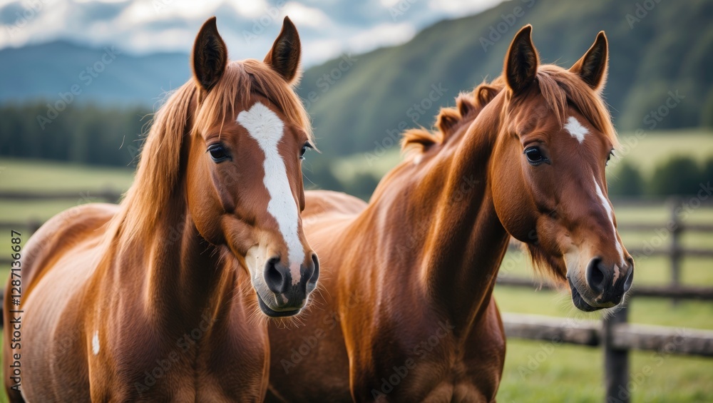 Fototapeta premium Two Charming Horses in a Lush Pasture Surrounded by Nature's Beauty and Serenity.