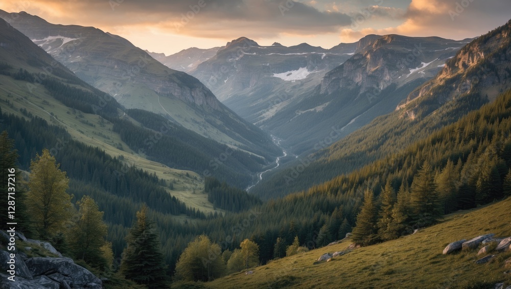 Fototapeta premium Majestic mountain landscape showcasing lush green valleys and rocky peaks under a picturesque cloudy sky during golden hour.