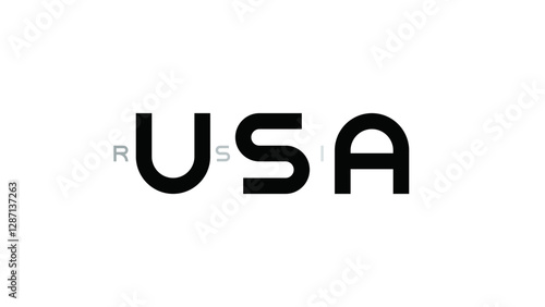 Minimal political anti war poster. Banner with word Russia hides behind abbreviation USA. Russia versus Ukraine. Special operation. SVO. Concept of support, sanction, battle, war, freedom, travel