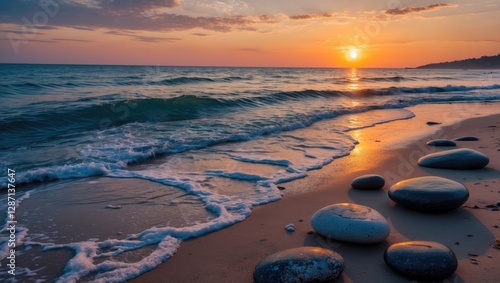 Tranquil Sunset Over Waves Casting Reflections on Coastal Stones on Serene Beach Sand with Gentle Waves and Vibrant Sky Colors.